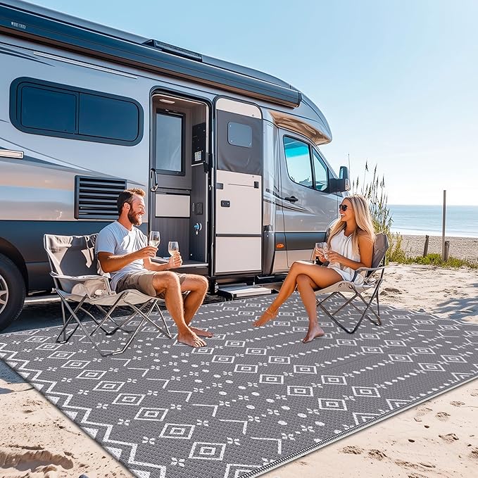 StepRite 5’ x 8’ Reversible Outdoor Rug, Waterproof Plastic Straw Rug, Patio Rug, Large Modern Area Rug Carpet, Indoor Outdoor Rugs for Camping, Porch, Deck, Balcony, Backyard, RV, Picnic(Grey)
