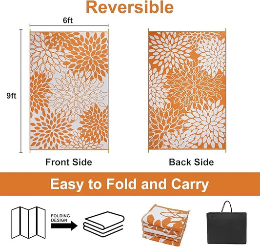 Anidaroel Outdoor Rugs 6x9ft for Patios Clearance Waterproof, Reversible Tropical Plastic Straw Camping Mat Outside Rug, Large Outdoor Area Rug for RV, Porch, Deck, Balcony, Picnic(Orange,6'x9')