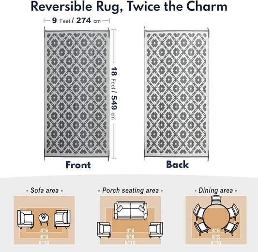 Waterproof Outdoor Rug 9x18 ft, Reversible Plastic Straw Rug, Easy to Clean Patio Rug, Portable Carpet for Patio, RV, Deck, Balcony, Backyard, Picnic, Beach, Square Dashed, Gray