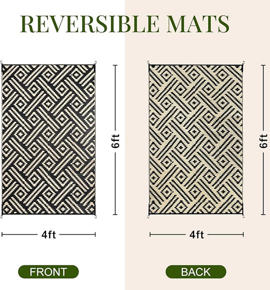 OPPODREAM Outdoor Rug 4x6 Ft, Waterproof Outdoor Plastic Straw Rug for Patio, Reversible Out Door Carpet for Camping, Deck, Rv, 4 x 6 Area Carpet for Balcony, Porch, Backyard, Black and Beige