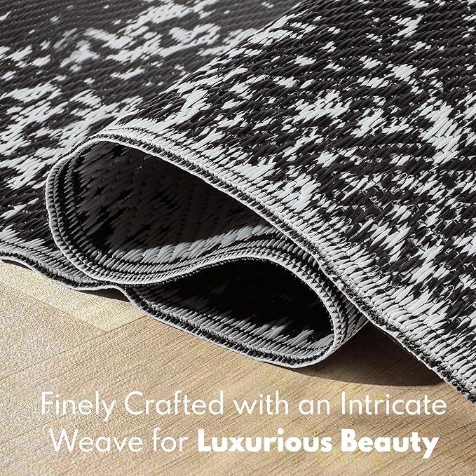 Waterproof Outdoor Rug 9x18 ft, Reversible Plastic Straw Rug, Easy to Clean Patio Rug, Portable Carpet for Patio, RV, Deck, Balcony, Backyard, Picnic, Beach, Mosaic, Gray