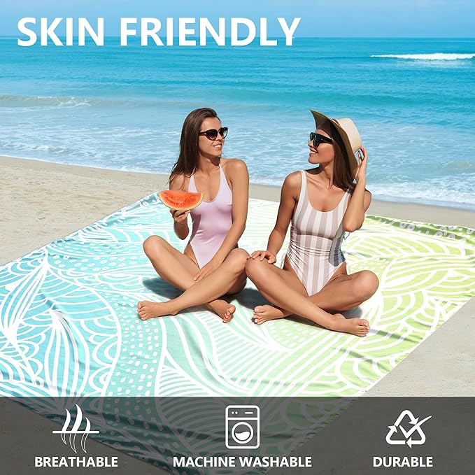 Beach Blanket Waterproof Sandproof Beach Mat 79โx 83โ for 1-4 Adults Quick Drying Durable Outdoor Picnic Mat for Beach Festival Travel Camping Hiking (Gradiant BL&GN-Ripple, 79"ร83"(4 Person))