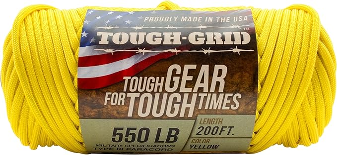 TOUGH-GRID Premium Yellow Paracord 550 lbs Made in USA Outdoor Survival Nylon Rope Tactical Heavy Duty Strands Parachute Cord Used by US Military Type III Mil-Spec
