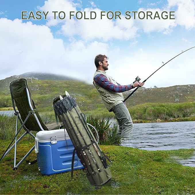 LEADALLWAY Portable Fishing Rod Case - Durable Folding Oxford Fabric Tackle Carry Bag - Multifunction, Large Capacity, Waterproof - Holds 5 Poles