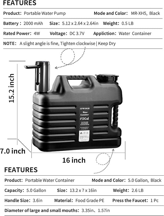 Portable 5 Gallon Water Jug with Automatic Touch Control Pump,Truly No Leakage Water Container with Spigot,Type-C Rechargeable Black Water Pump Gear for Outdoors Camping Hiking