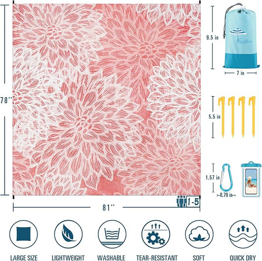 Beach Blanket Sandproof Waterproof 78''×81''1-5 Adults Oversized,Compact Lightweight Durable Beach Mat for Travel Camping Hiking Picnic Blanket