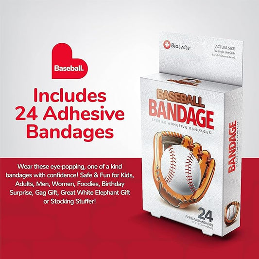 BioSwiss Bandages, Baseball Shaped Self Adhesive Bandage, Latex Free Sterile Wound Care, Fun First Aid Kit Supplies for Kids, 24 Count
