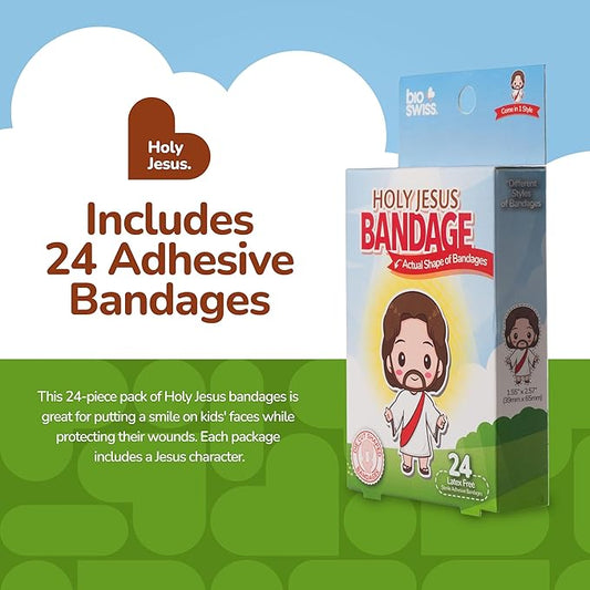 BioSwiss Bandages, Holy Jesus Shaped Self Adhesive Bandage, Latex Free Sterile Wound Care, Fun First Aid Kit Supplies for Kids and Adults, 24 Count
