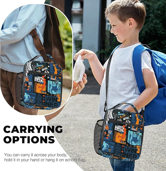 Clastyle Black Street Basketball Insulated Lunch Bag for Kids, Portable Large Thermal Cooler Lunch Bag for Boys, School Lunch Box Bag with Bottle Holder