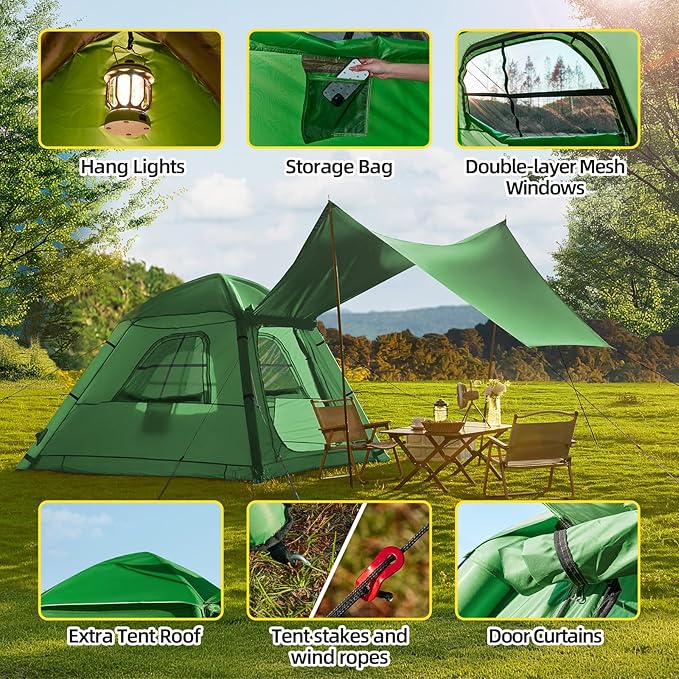 YOLENY 2-4 Persons Inflatable Camping Tent with Pump & Extended Canopy, Easy Set-up, Oxford Portable Free-Standing Family Cabin Tents for Hiking