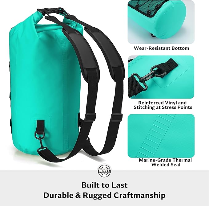 STOVER 5/10/25/30/40/55L Waterproof Dry Backpack & Phone Case- Medium Floating Dry Bag for Kayaking, Travel, Hiking, Fishing, Camping, Motorcycles & Beach, Heavy-Duty Roll Top Men/Women (Teal)