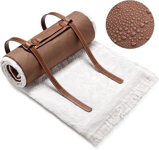 Waterproof Picnic Blankets Outdoor Blanket Foldable 2 in 1 Double Layer Sandproof Beach Mat with Carry Strap for Camping Lawn Park Beach Grass(White,71 x 71 Inches)