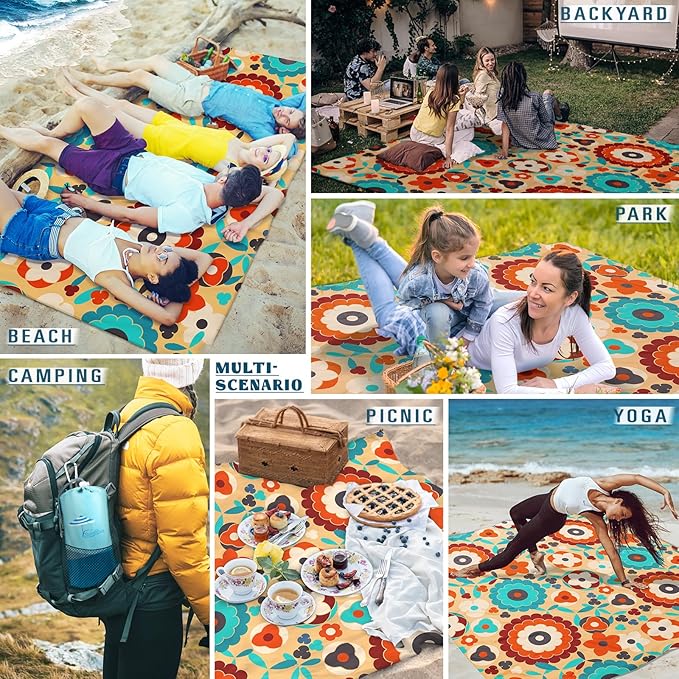 Beach Blanket Sandproof Waterproof 78''ร81''1-5Adults Oversized,Compact Lightweight Durable Beach Mat for Travel Camping Hiking Picnic Blanket