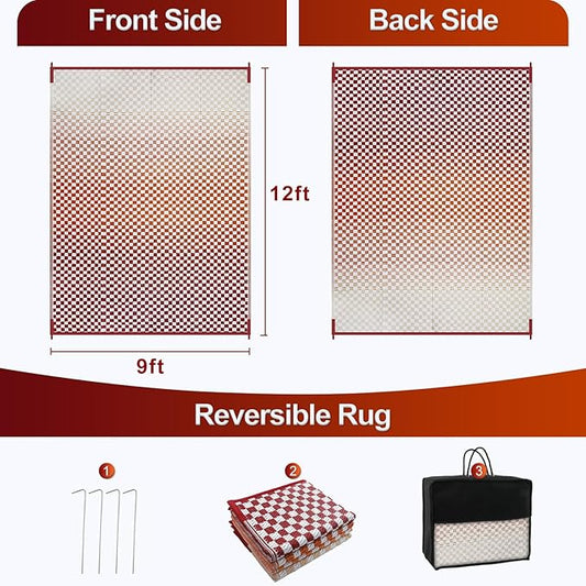 Wonnitar Waterproof 9x12 Outdoor Rug - Orange Red Gradient Plastic Straw Rug for Patio, Extra Large Portable Outside Mat for RV Camping Deck, Reversible Colorful Outdoor Carpet