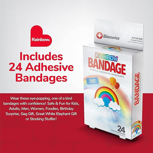 BioSwiss Bandages, Rainbow Shaped Self Adhesive Bandage, Latex Free Sterile Wound Care, Fun First Aid Kit Supplies for Kids, 24 Count