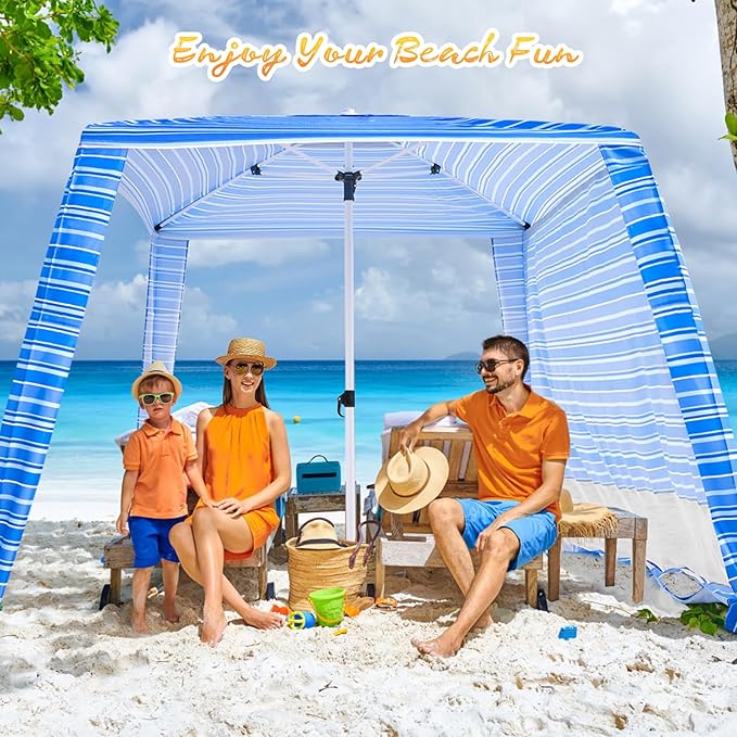 Beach Cabana - Cool 6.2โx6.2โ UPF 50+ Sun Shade, Easy Setup & Portable, Waterproof Canopy with Sand Pockets, Side Wall & Beach Umbrella Tent Design - Perfect for Family Trips, Picnics & Camping