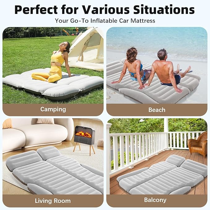 KMZ SUV Air Mattress Double Sided Thickened Flocking Car Bed – Portable Inflatable Mattress Pad for Camping & Travel with 2 Pillows & Electric Pump (Off-White and Coffee)