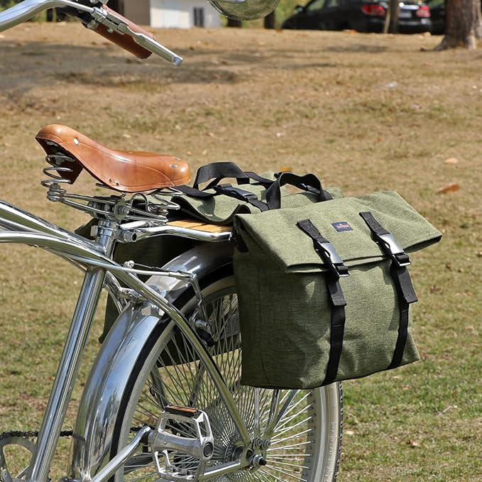 TOURBON Nylon Double Pannier Shoulder Bags Bicycle Rear Rack Trunk Motorcycle Tail Seat Bag - Green
