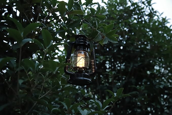 YAKii LED Vintage Lantern Metal Hanging Hurricane Lantern 12 LED Dimmer Switch Warm White Battery Operated Power Outage Indoor Camping Lighting Outdoor Brooklyn (Black 2 Pack)