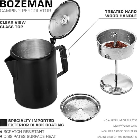 COLETTI Black Bozeman Percolator Coffee Pot — Camping Coffee Pot, Coffee Percolator – America’s Sleekest Percolator – Pure Stainless Steel, NO Aluminum or Plastic (12 Cup)