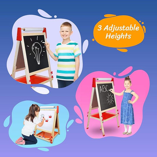 Deluxe Standing Art Easel, Dry-Erase Board Chalkboard Magnetic Whiteboard Paper Roll and Accessories, Ultimate All-in-One Wooden Kid's Art Easel