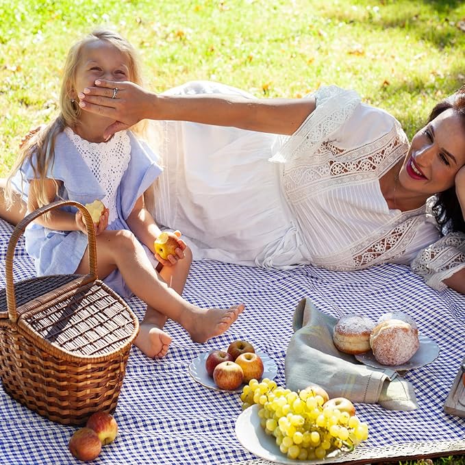 Waterproof Picnic Blankets Outdoor Blanket Foldable 2 in 1 Double Layer Sandproof Beach Mat with Carry Strap for Camping Lawn Park Beach Grass(Blue White,59 x 79 Inches)