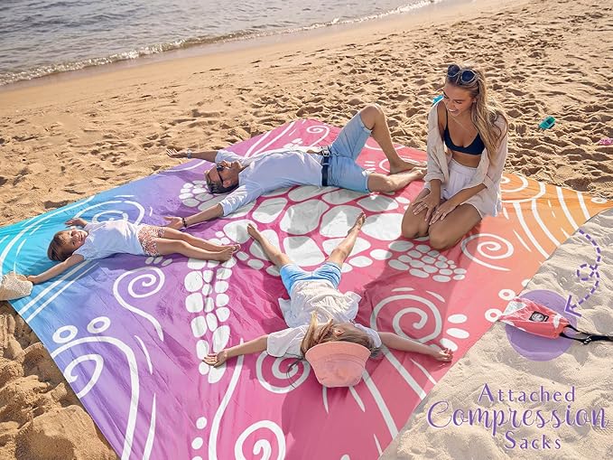 WEKAPO Beach Blanket Waterproof Sandproof Oversized Extra Large Sand Free Beach Mat with Stakes, Storage Bag - Essentials for Outdoor Beach, Picnic (Pinkish Purple Sea Turtle, 8 X 7 FT (1~4 Person))