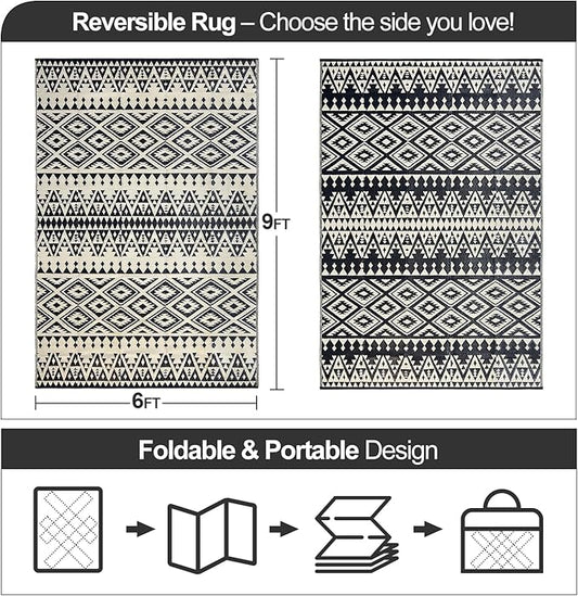 Waterproof Outdoor Rug 6x9ft, Bohemia Reversible Plastic Straw Mat for Patio RV Deck Porch Backyard Balcony Camping Picnic Beach Indoor Outdoor Carpet, Black&Beige