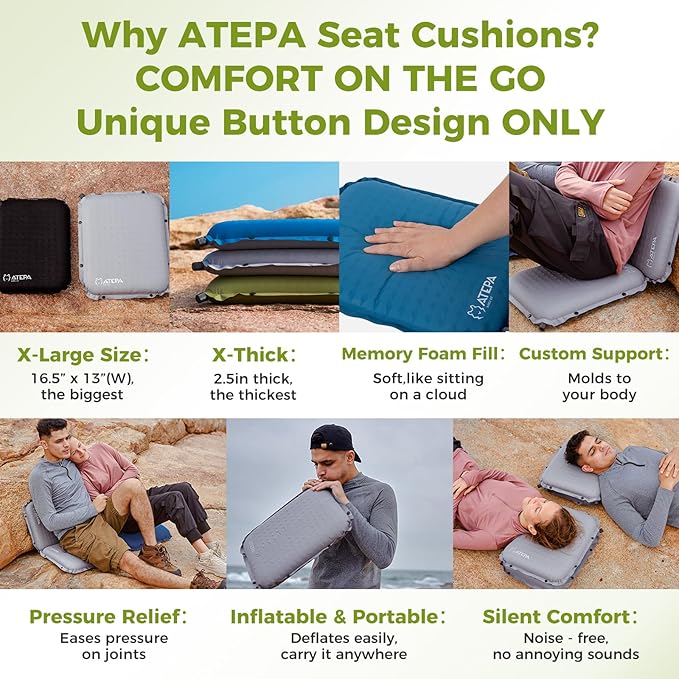 ATEPA Inflatable Stadium Seat Cushion, Self-Inflating Memory Foam Stadium Seats Camping Accessories Chair Pad for Outdoor Airplane Travel Bleacher Patio Backpacking