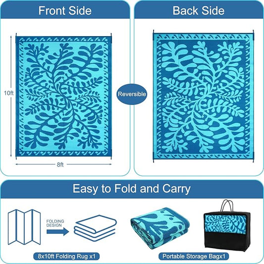 Anidaroel 8x10 Outdoor Rug for Patios Clearance, Waterproof Camping Rug for Outside RV, Reversible Plastic Straw Outside Rugs, Large Outdoor Area Rug for Garden, Camper(Blue,8’x10’)