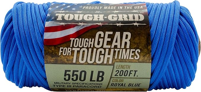 TOUGH-GRID Premium Royal Blue Paracord 550 lbs Made in USA Outdoor Survival Nylon Rope Tactical Heavy Duty Strands Parachute Cord Used by US Military Type III Mil-Spec