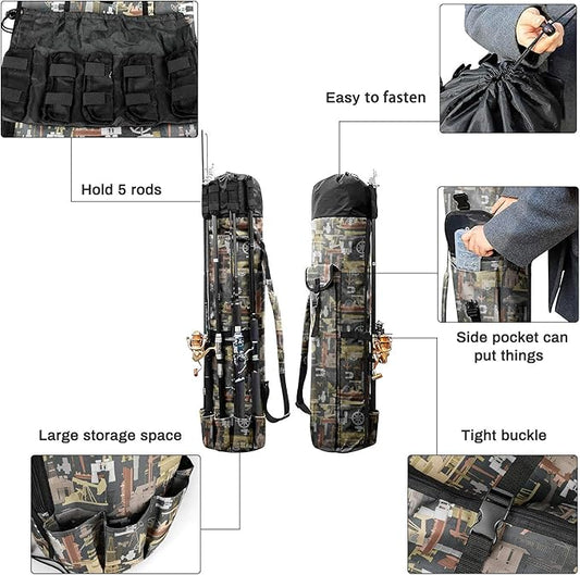 Allnice Durable Canvas Fishing Rod & Reel Organizer Bag Travel Carry Case Bag- Holds 5 Poles & Tackle