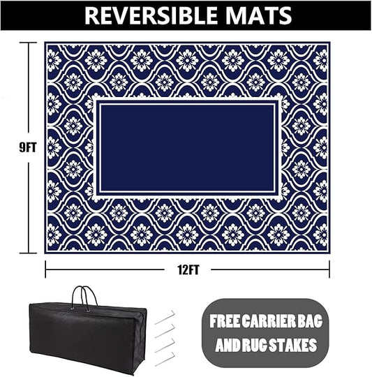 RV Outdoor Rug Waterproof Mat 9'x12' Camping Carpet Blue Outside Area Rugs Reversible Rugs for Deck Entryance Porch Picnic Balcony Beach