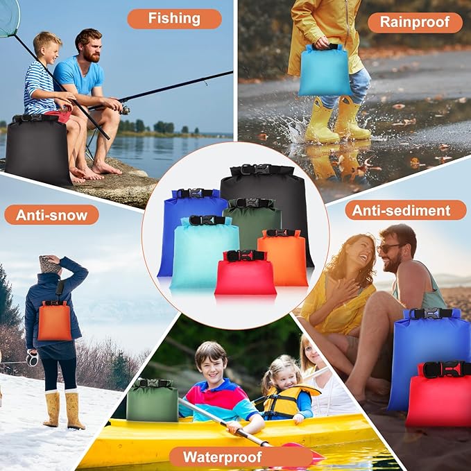 6Pack Waterproof Dry Bags,Ultimate Dry Sack,Lightweight Outdoor Dry Sacks,Multicolour Dry Bag for Kayaking Hiking Rafting Boating Camping Swimming Travel(1.5L, 2.5L, 3L, 3.5L, 5L, 8L)