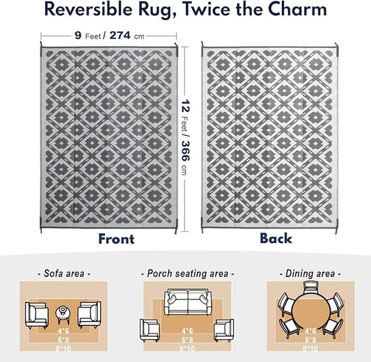 Waterproof Outdoor Rug 9x12 ft, Reversible Plastic Straw Rug, Easy to Clean Patio Rug, Portable Carpet for Patio, RV, Deck, Balcony, Backyard, Picnic, Beach, Square Dashed, Gray