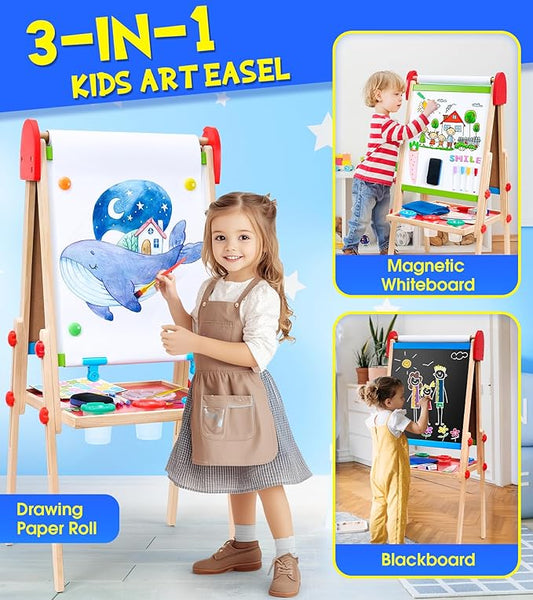 Art Easel for Kids, 3 in 1 Adjustable Double Sided Kids Easel with Magnetic Whiteboard, Chalkboard, 2 Paper Rolls and Accessories, All in One Wooden Toddler Easel, Art Easel for Kids Ages 2-4 4-8 8-12