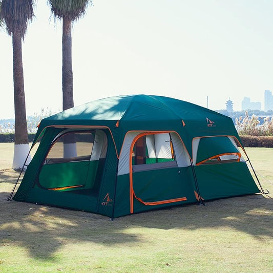 KTT Extra Large Tent 12 Person,2 Bay-Windows,Family Cabin Tents,14'Lx10'Wx6.58'H,2 Rooms and 3 Doors 3 Windows with Mesh,Waterproof,Straight Wall,Big Tent for Outdoor,Picnic,Camping,Gathering
