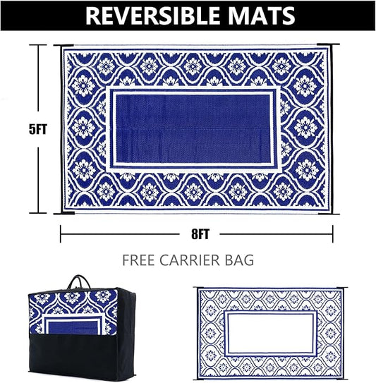 Patio Rug 5'x8' Waterproof Outside Area Rugs Reversible Light Blue Outdoor Plastic Straw Carpet for RV Deck Camping Entryance Porch Picnic Balcony Beach