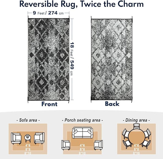 Waterproof Outdoor Rug 9x18 ft, Reversible Plastic Straw Rug, Easy to Clean Patio Rug, Portable Carpet for Patio, RV, Deck, Balcony, Backyard, Picnic, Beach, Mosaic, Gray