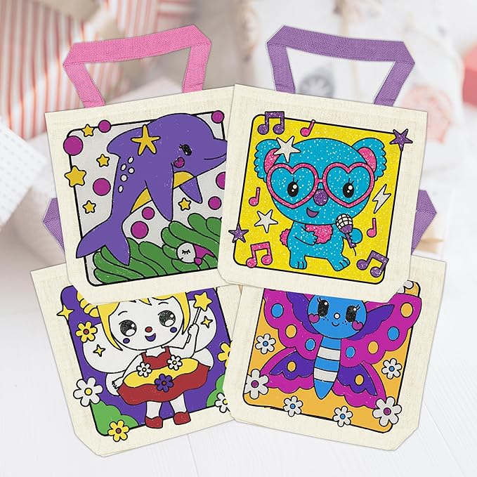 12 Pieces Kids Coloring Goodie Bags, Reusable Canvas Bag, Cute Art Party Favors, Color Your Own Bags for DIY Painting Birthday Carnival Celebration, Party Supplies Gift, Girls