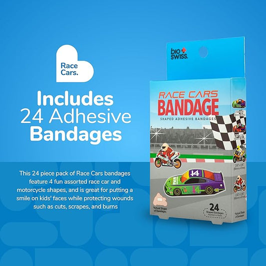BioSwiss Bandages, Race Cars Shaped Self Adhesive Bandage, Latex Free Sterile Wound Care, Fun First Aid Kit Supplies for Kids and Adults, 24 Count