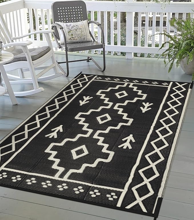Uphome Outdoor Rug Mat Waterproof 5x8 ft, Reversible Outdoor Plastic Straw Rug, Black Boho Patio Rug, Foldable RV Camping Rug, Indoor Outdoor Area Rug for Backyard Deck Pool Balcony Picnic, 5'x8'