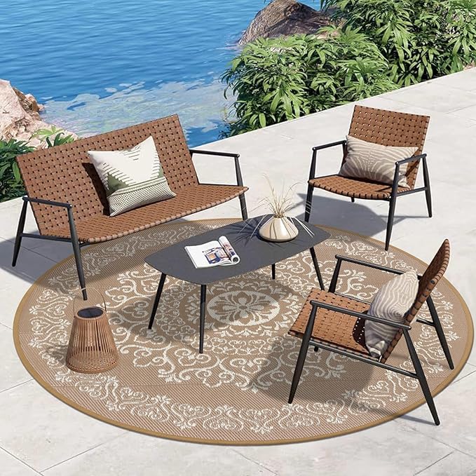 Pauwer Waterproof Outdoor Rug 8ft, Reversible Plastic Straw Patio Camping Rug, Indoor Outdoor RV Mat Carpet for Deck, Camper, Porch, Balcony, Backyard, Picnic, Floral Brown