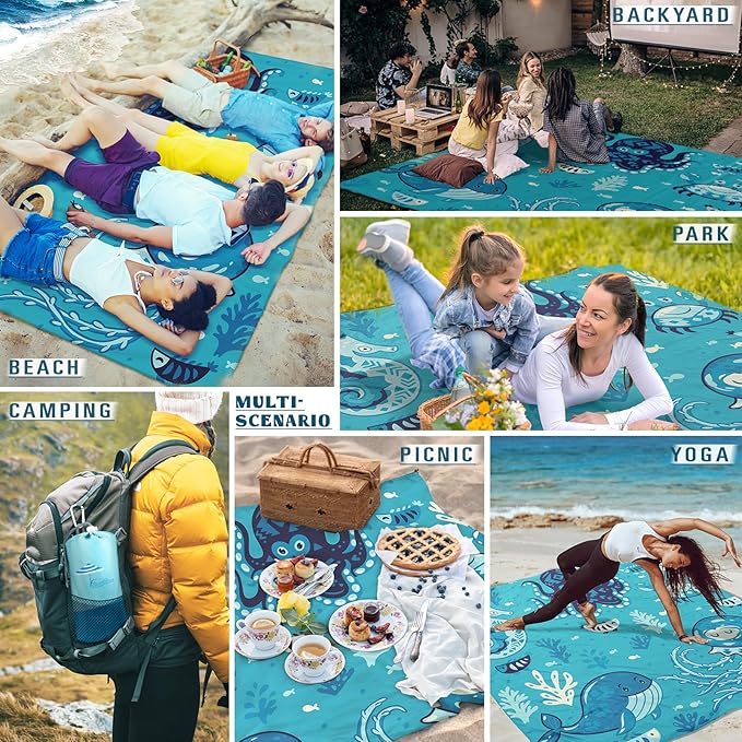 Beach Blanket Sandproof Waterproof 78''ร81''1-5Adults Oversized,Compact Lightweight Durable Beach Mat for Travel Camping Hiking Picnic Blanket