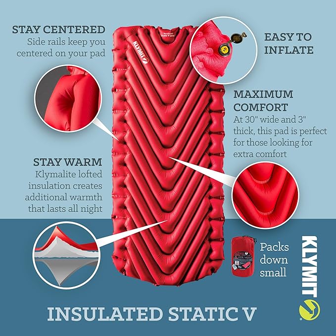 Klymit Insulated Static V Luxe Inflatable Sleeping Pad for Camping, Lightweight Hiking and Backpacking Air Bed for Cold Weather,Red & Insulated Static V Inflatable Sleeping Pad for Camping