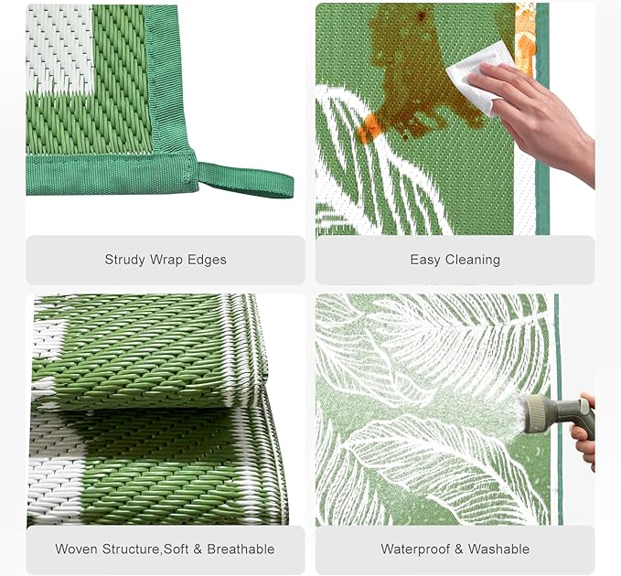 wikiwiki Outdoor Rug, 9x12ft Waterproof Reversible Mat Indoor Outdoor Rugs Carpet, Small Area Rug Plastic Straw Rug for Patio Deck Balcony Pool RV Camping Beach Picnic, Green, Rugscape Series
