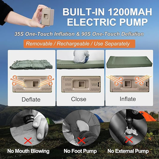 Origem Self Inflating Sleeping Pad, 4" Ultra-Thick Camping Mattress with Built-in Pump, Foam Campinging Mat for Tent, Traveling and Car, Easy to Inflate and Deflate (Green)