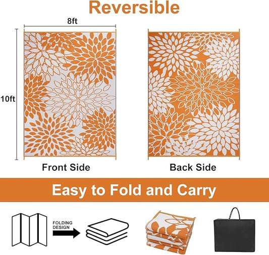 Anidaroel Outdoor Rugs 8x10ft for Patios Clearance Waterproof, Reversible Tropical Plastic Straw Camping Mat Outside Rug, Large Outdoor Area Rug for RV, Deck, Balcony, Picnic(Orange,8'x10')