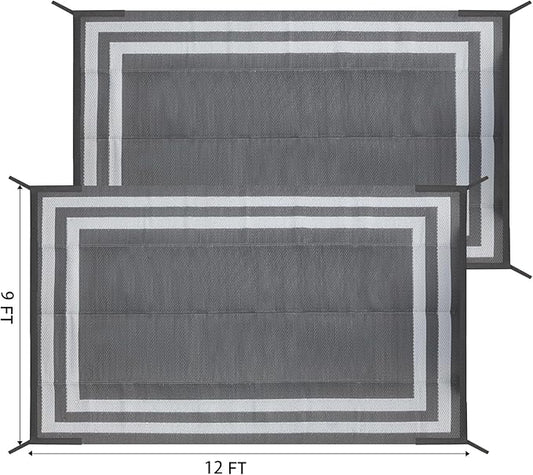 9'x 12' Outdoor Rug,Waterproof Reversible Patio Rugs,9x12 ft Plastic Straw Outdoor Carpet Foldable Plastic Camping Mat for Outside RV, Patio,Picnic,Camper,Balcony,Porch(Gray&White)