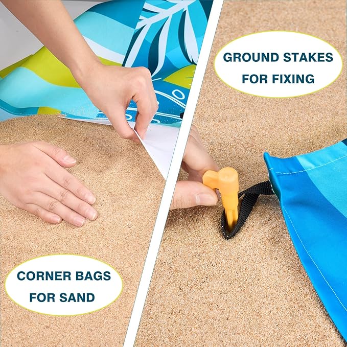 WERNNSAI Beach Blanket Waterproof Sandproof - Extra Large Beach Mat 79" x 83" Sand Free with 4 Stakes Pockets Quick Dry Lightweight Blue Plant Pattern Picnic Mat for Beach Party Camping